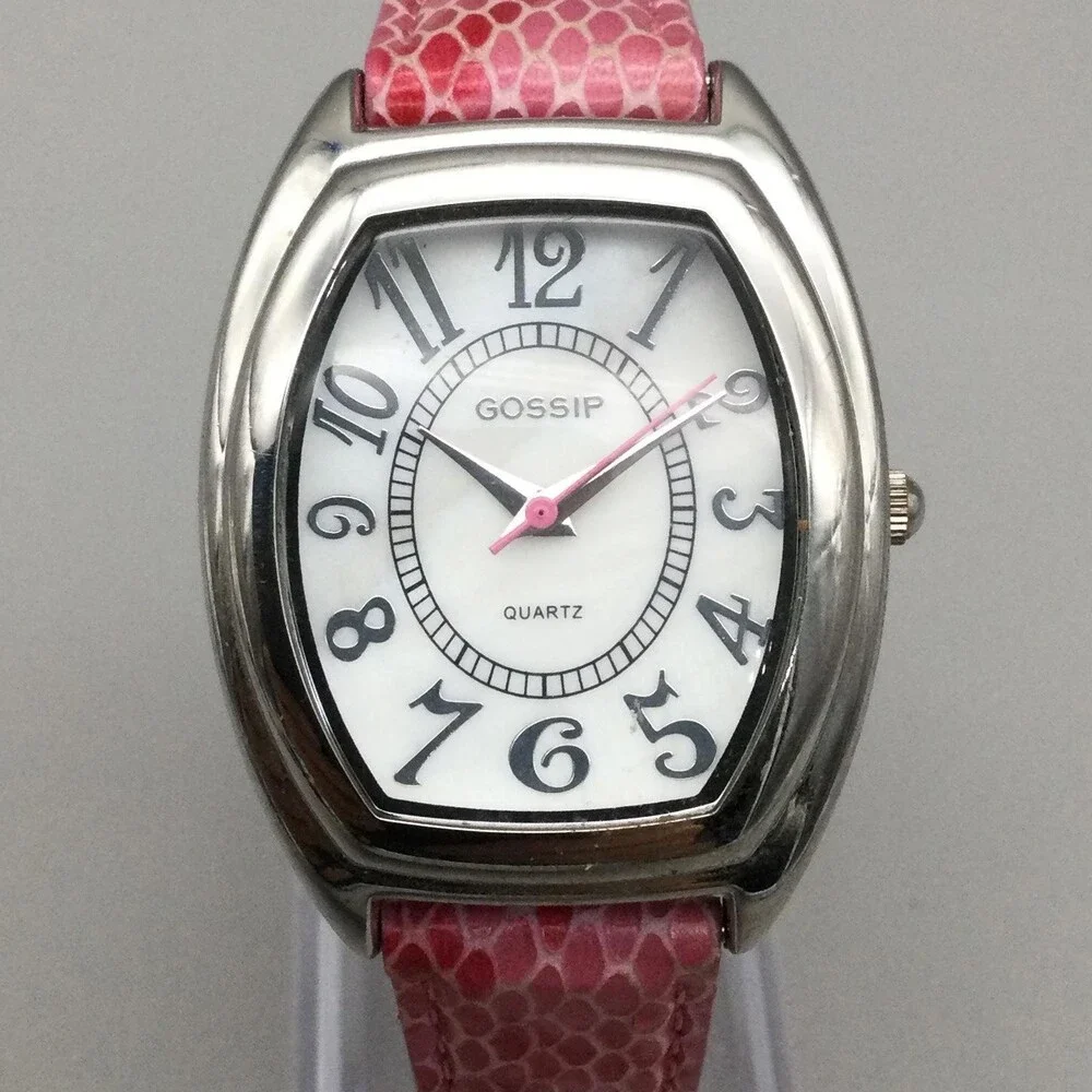 Gossip Womens Watch 31mm Silver Tone White Dial Pink Leather Tonneau New Battery